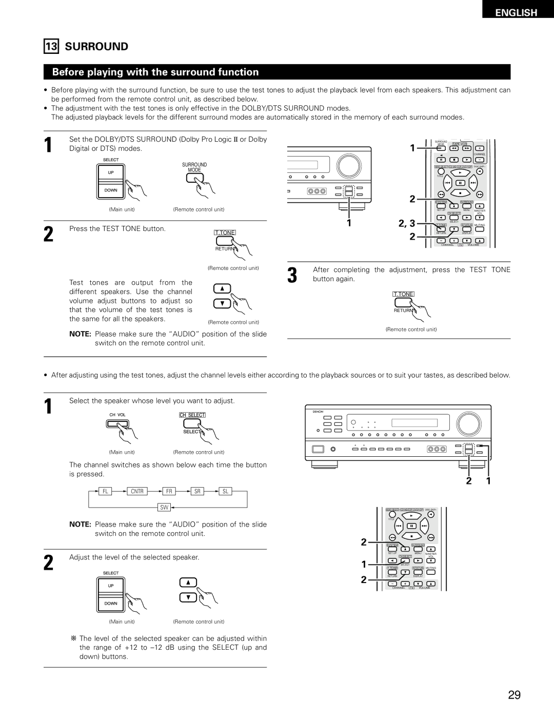 Denon AVR-682, AVR-1602 manual Surround, Before playing with the surround function, Adjust the level of the selected speaker 