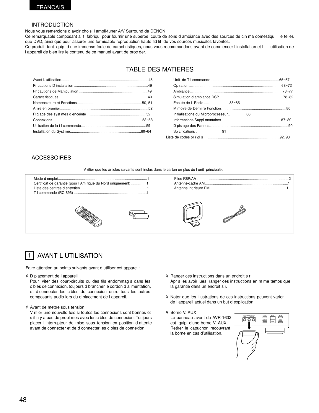 Denon AVR-1602, AVR-682 manual Table DES Matieres, Avant L‘UTILISATION, Avant de mettre sous tension, Borne V. AUX 