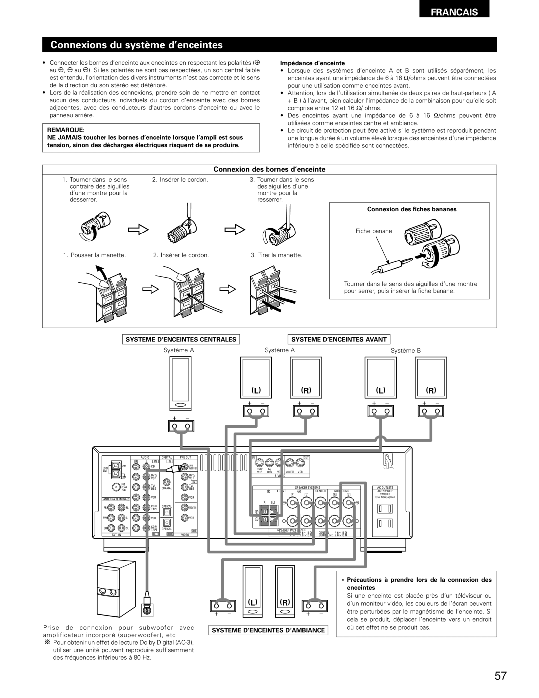 Denon AVR-682, AVR-1602 manual Connexions du système d’enceintes, Connexion des bornes d’enceinte, Impédance d’enceinte 