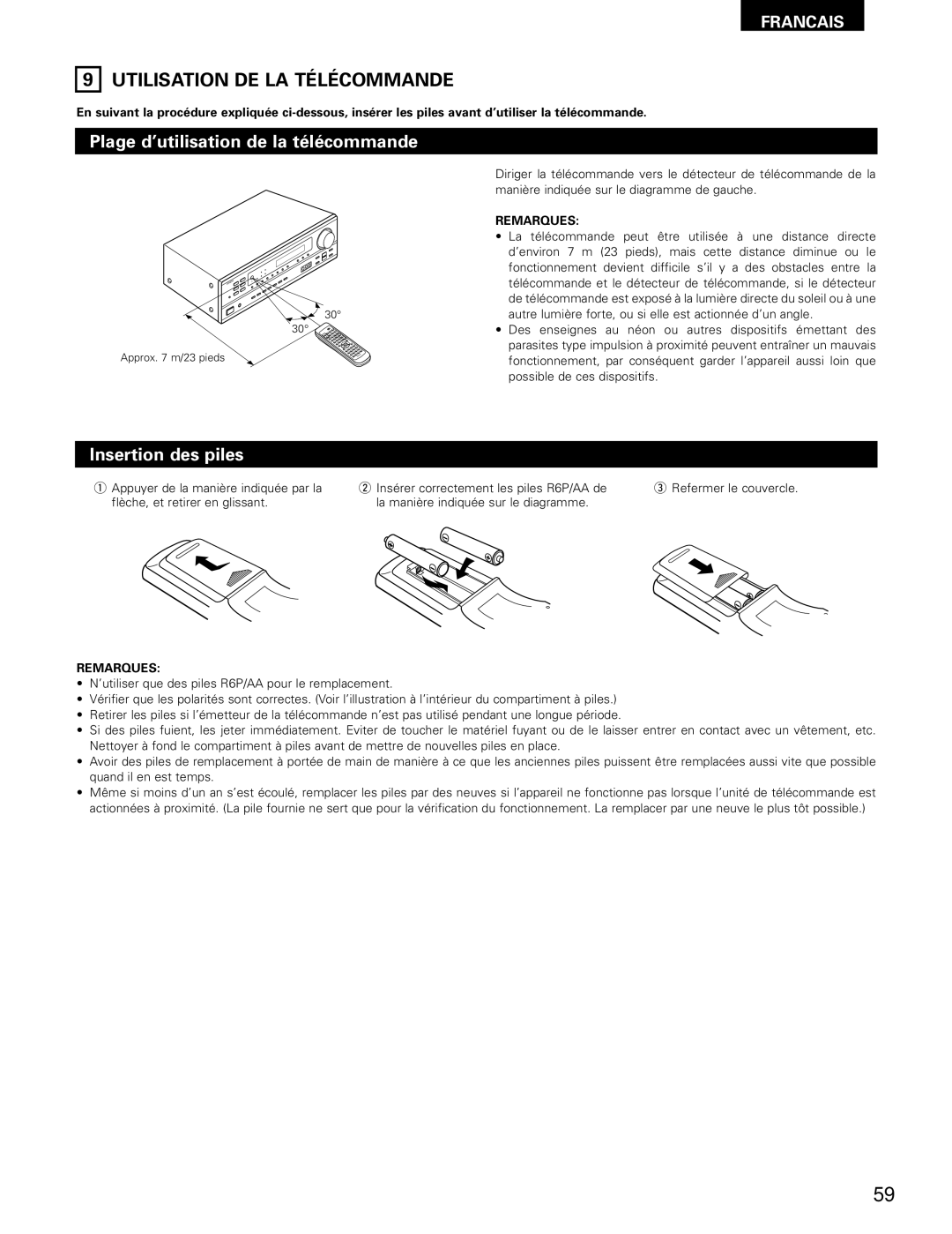 Denon AVR-682, AVR-1602 manual Utilisation DE LA Télécommande, Plage d’utilisation de la télécommande, Insertion des piles 