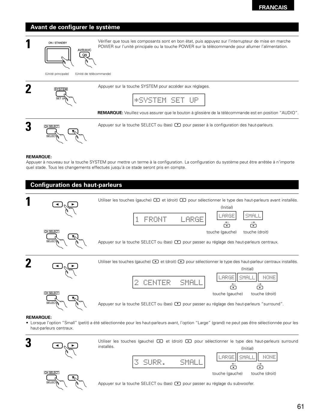 Denon AVR-682, AVR-1602 manual Avant de configurer le système, Configuration des haut-parleurs, Touche gauche 