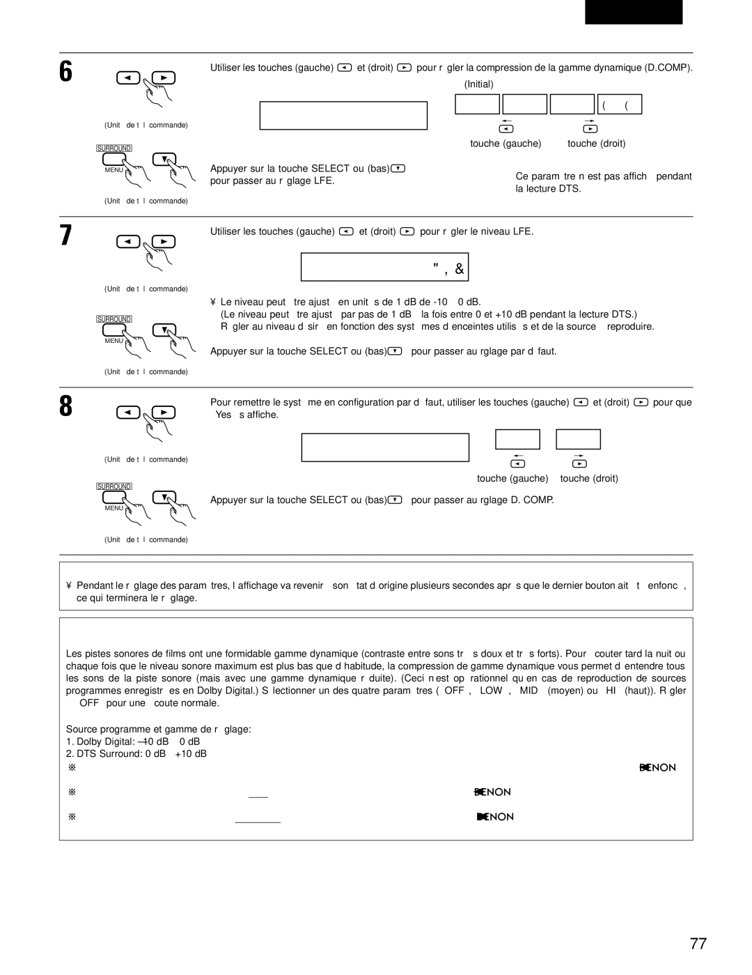 Denon AVR-682, AVR-1602 manual Touche gauche touche droit, LFE Effet de basse fréquence 