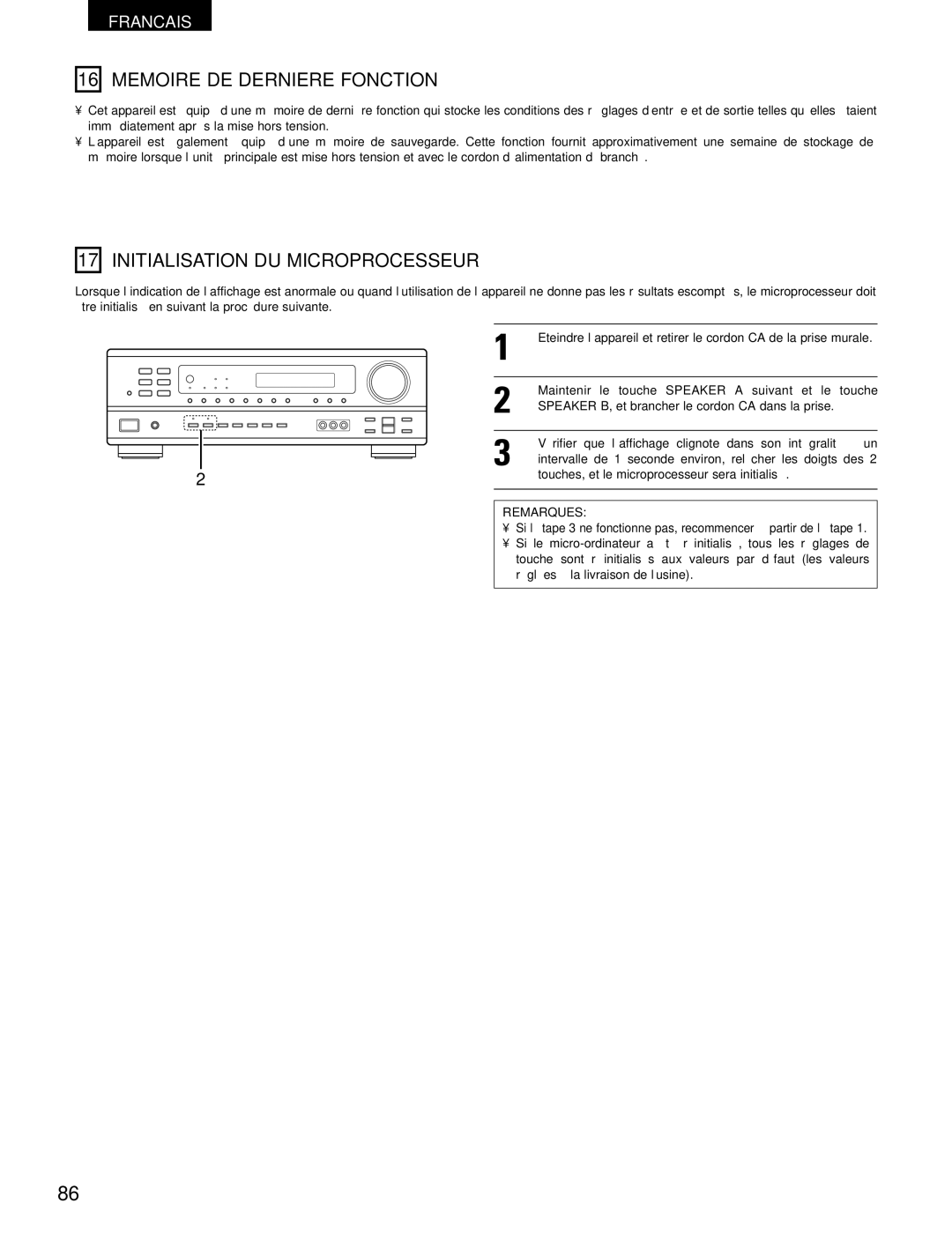 Denon AVR-1602, AVR-682 manual Memoire DE Derniere Fonction, Initialisation DU Microprocesseur 