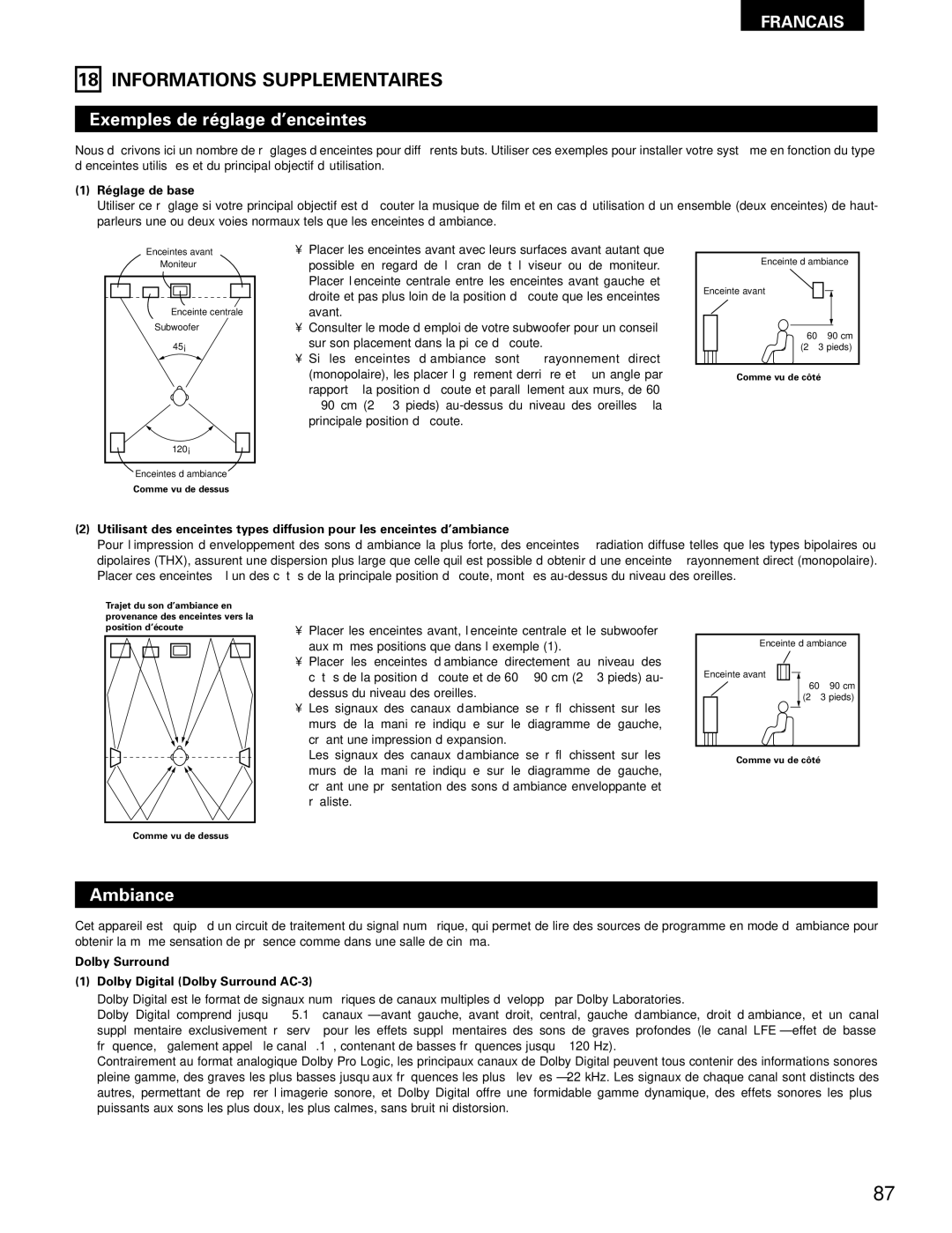 Denon AVR-682, AVR-1602 manual Informations Supplementaires, Exemples de réglage d’enceintes, Ambiance, Réglage de base 