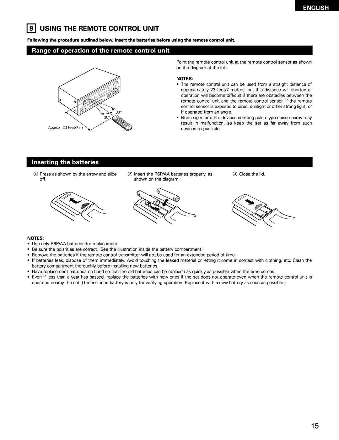 Denon AVR-682 manual Using The Remote Control Unit, Range of operation of the remote control unit, Inserting the batteries 
