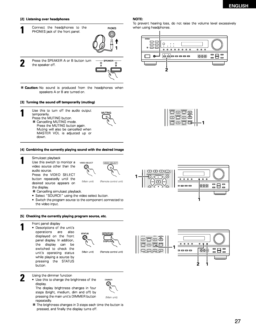 Denon AVR-682, AVR-1602 manual English, Listening over headphones, Turning the sound off temporarily muting 