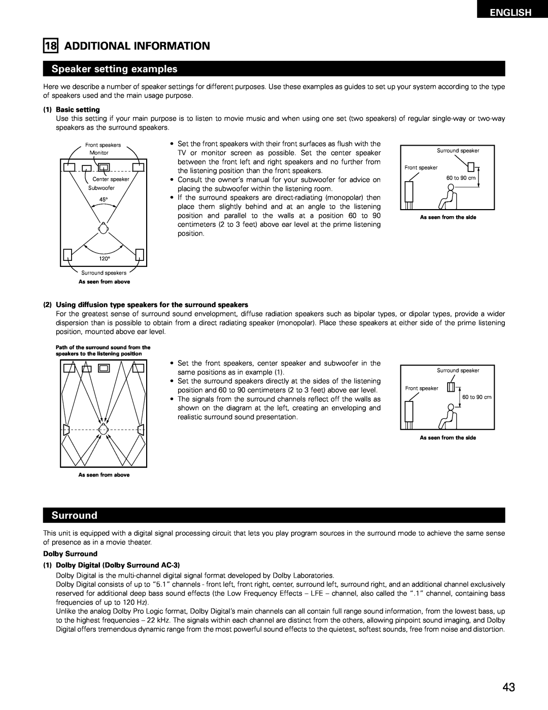Denon AVR-682, AVR-1602 manual Additional Information, Speaker setting examples, Surround, English, 1Basic setting 