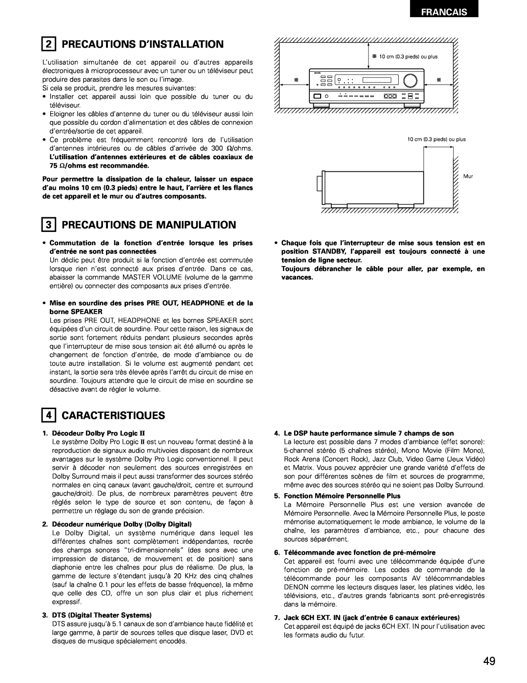 Denon AVR-682, AVR-1602 manual Precautions D’Installation, 3PRECAUTIONS DE MANIPULATION, 4CARACTERISTIQUES, Francais 