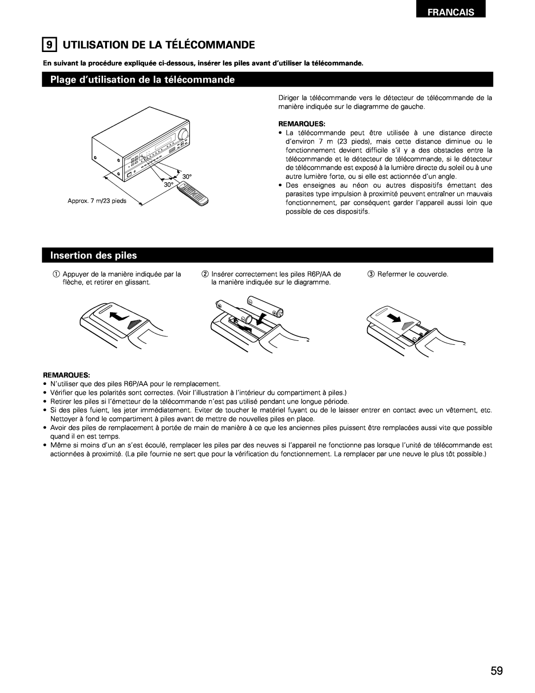 Denon AVR-682 manual Utilisation De La Télécommande, Plage d’utilisation de la télécommande, Insertion des piles, Francais 