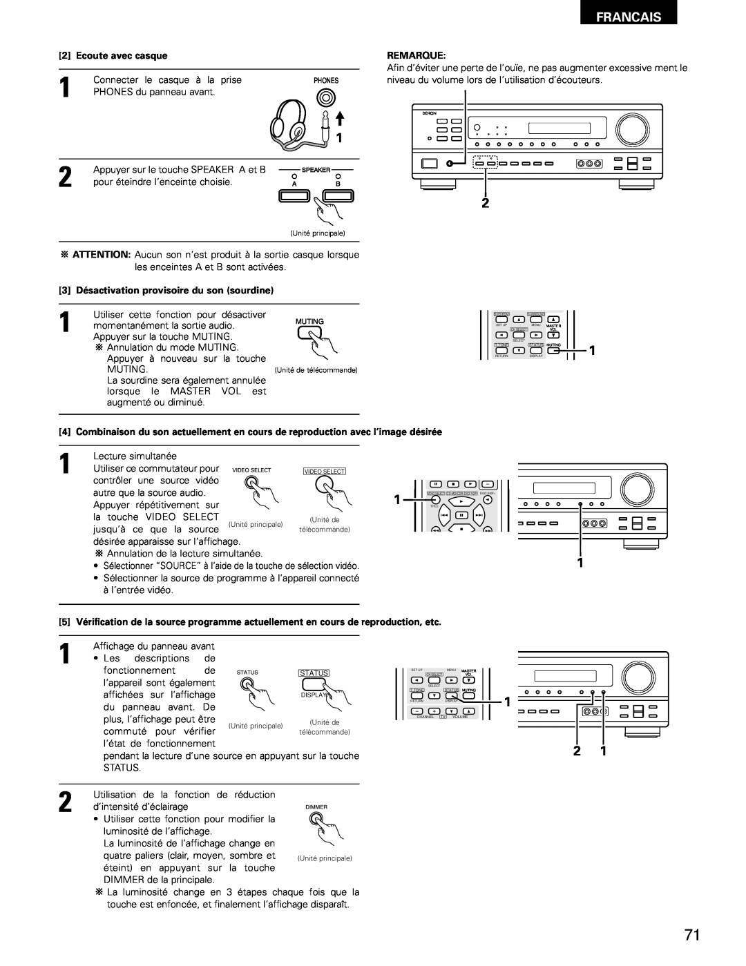 Denon AVR-682, AVR-1602 manual Francais, Ecoute avec casque, Remarque, 3 Désactivation provisoire du son sourdine 