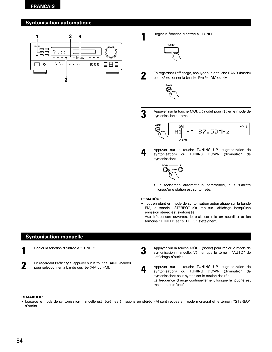 Denon AVR-1602, AVR-682 manual Syntonisation automatique, Syntonisation manuelle, Francais, Remarque 