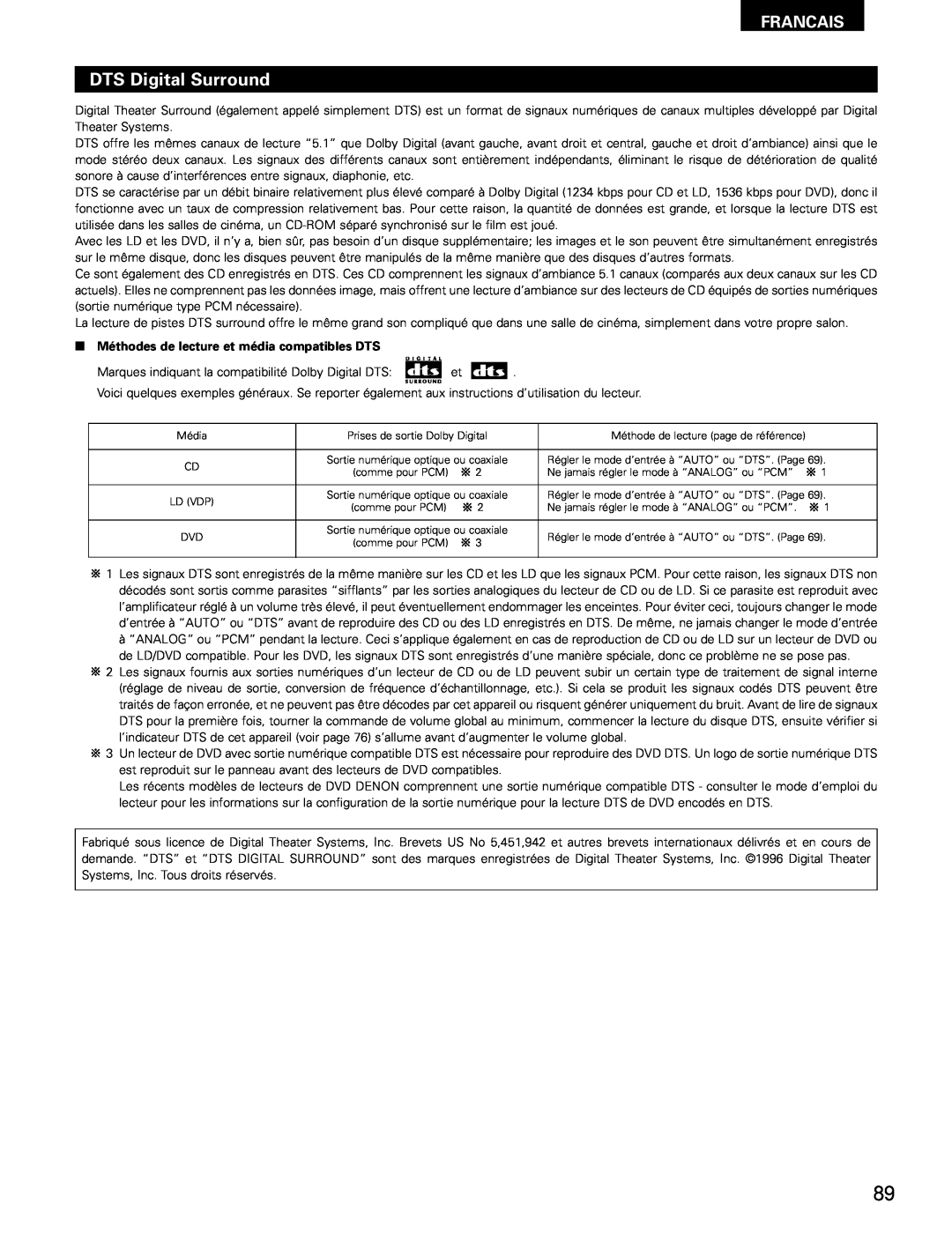 Denon AVR-682, AVR-1602 manual Francais, 2Méthodes de lecture et média compatibles DTS 