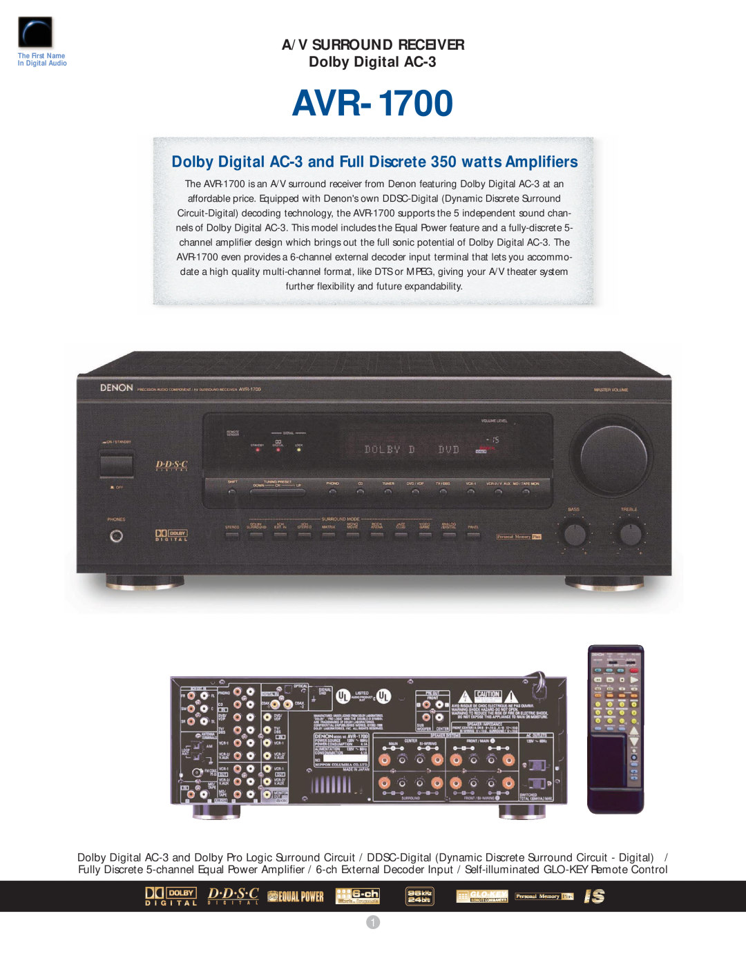 Denon AVR-1700 manual A/V SURROUND RECEIVER Dolby Digital AC-3 