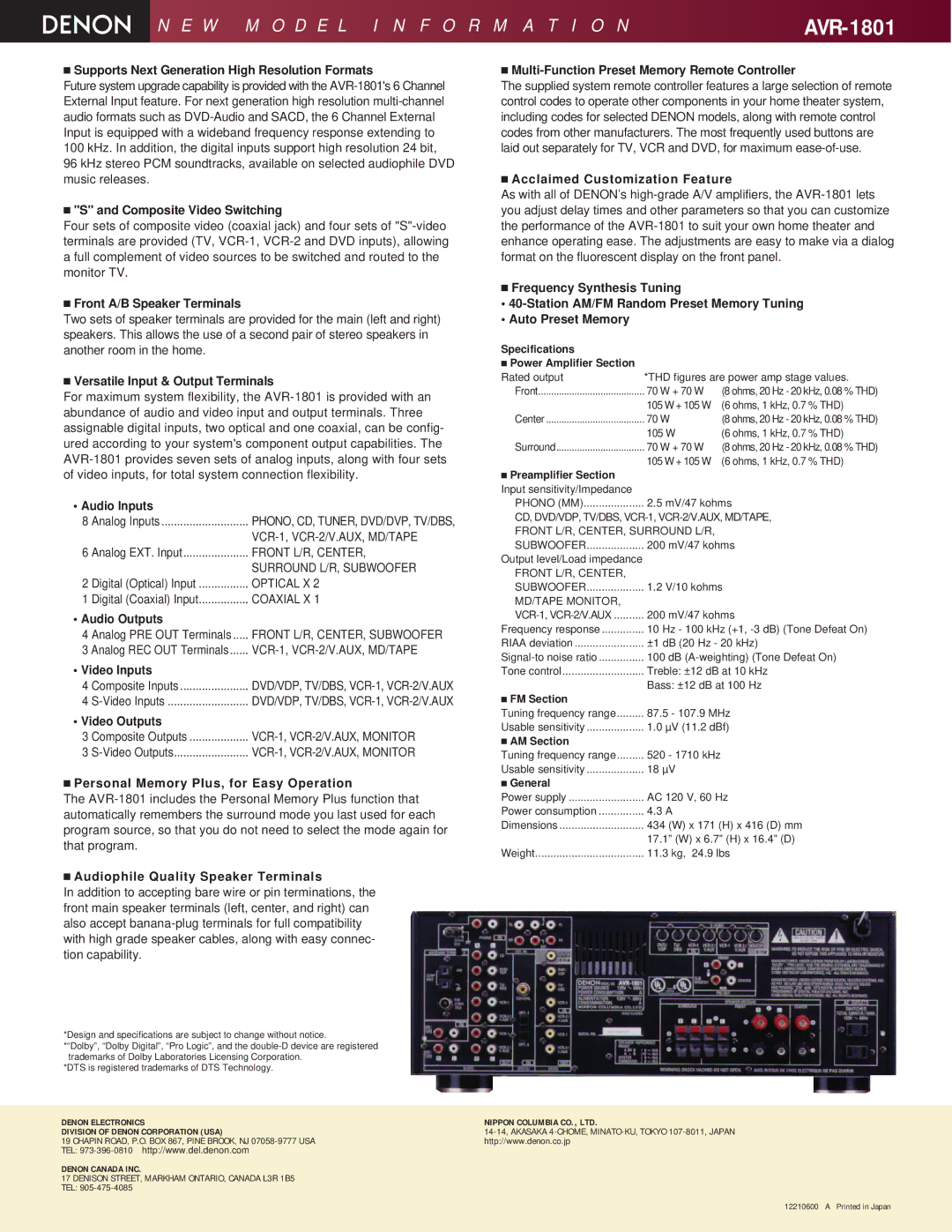 Denon AVR-1801 Supports Next Generation High Resolution Formats, Composite Video Switching, Front A/B Speaker Terminals 