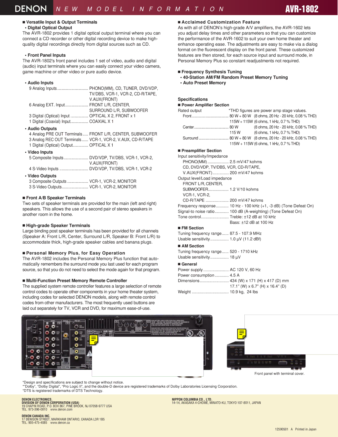 Denon AVR-1802 Versatile Input & Output Terminals Digital Optical Output, Front Panel Inputs, Audio Inputs, Audio Outputs 