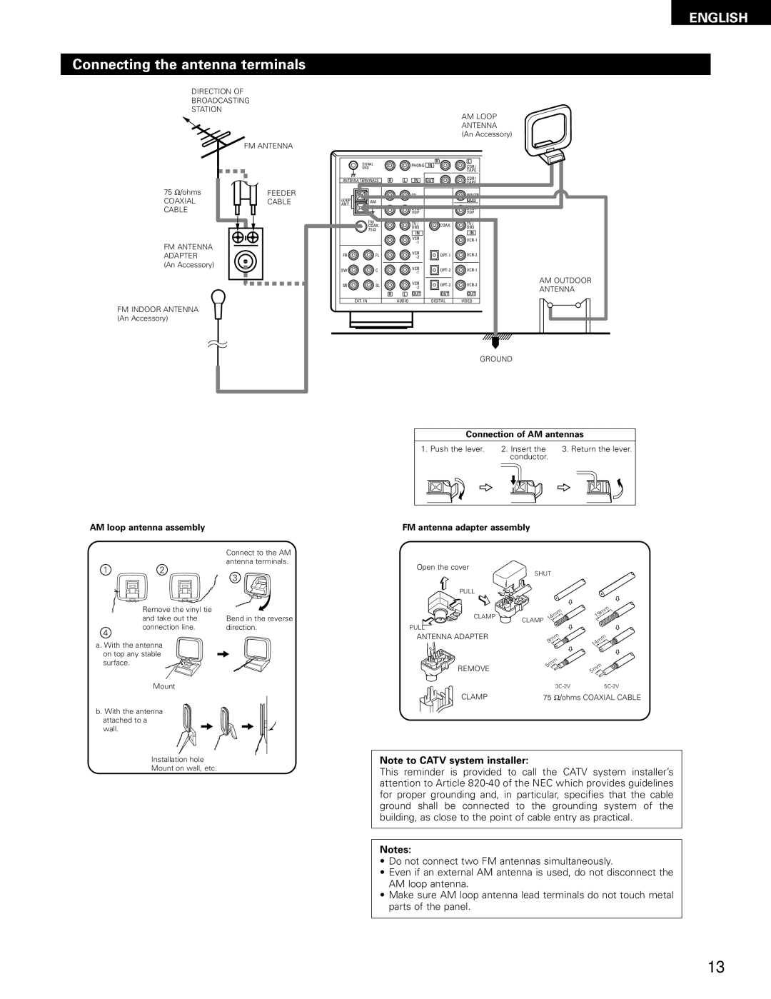 Denon AVR-1802/882 manual Connecting the antenna terminals, AM loop antenna assembly Connection of AM antennas 