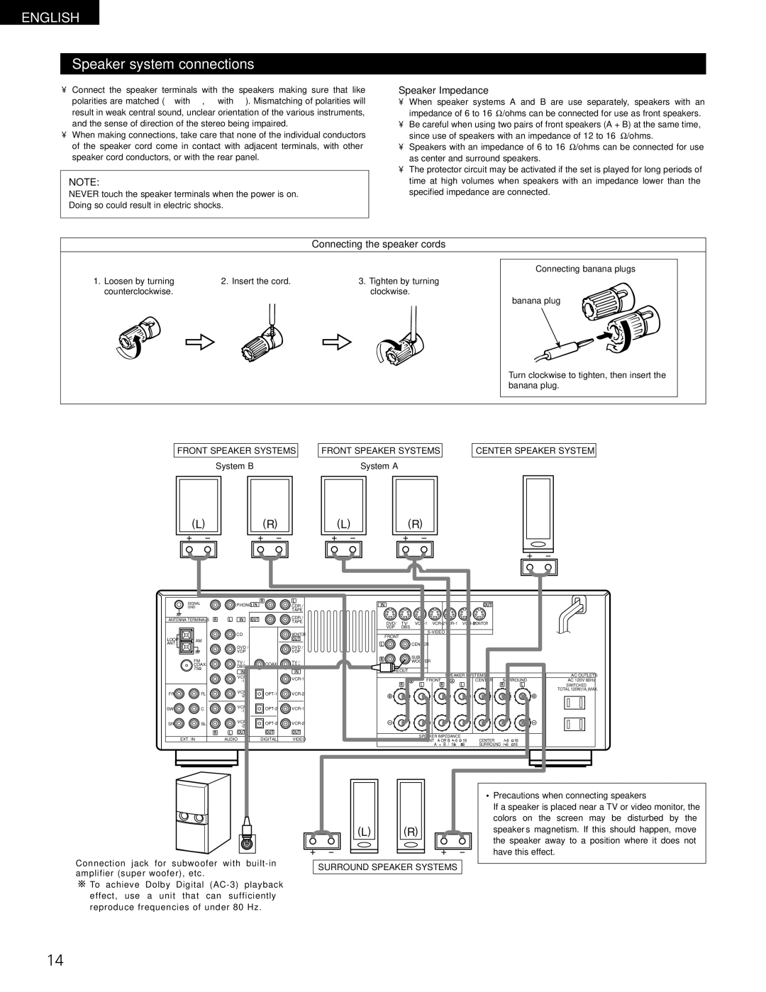 Denon AVR-1802/882 Speaker system connections, Speaker Impedance, Connecting the speaker cords, Connecting banana plugs 