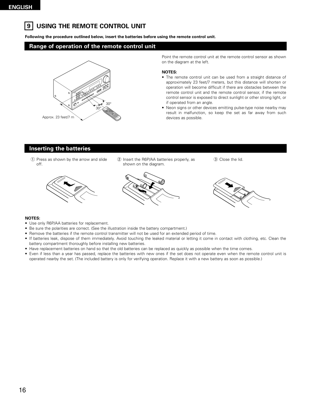 Denon AVR-1802/882 Using the Remote Control Unit, Range of operation of the remote control unit, Inserting the batteries 