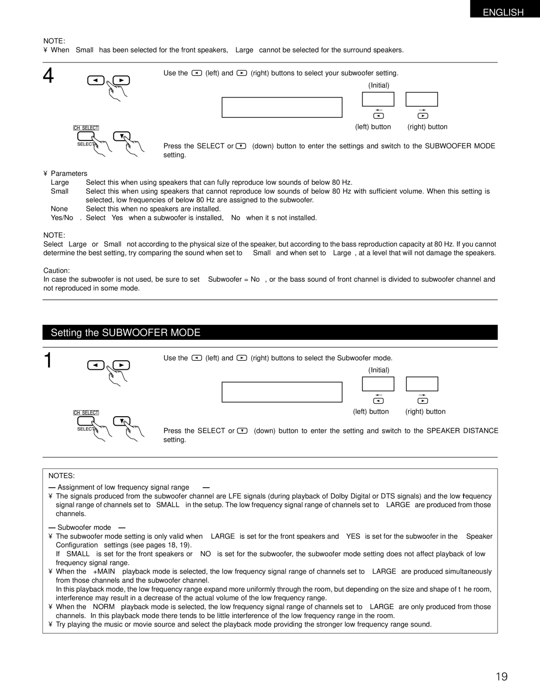 Denon AVR-1802/882 manual Setting the Subwoofer Mode, Parameters, Assignment of low frequency signal range, Subwoofer mode 