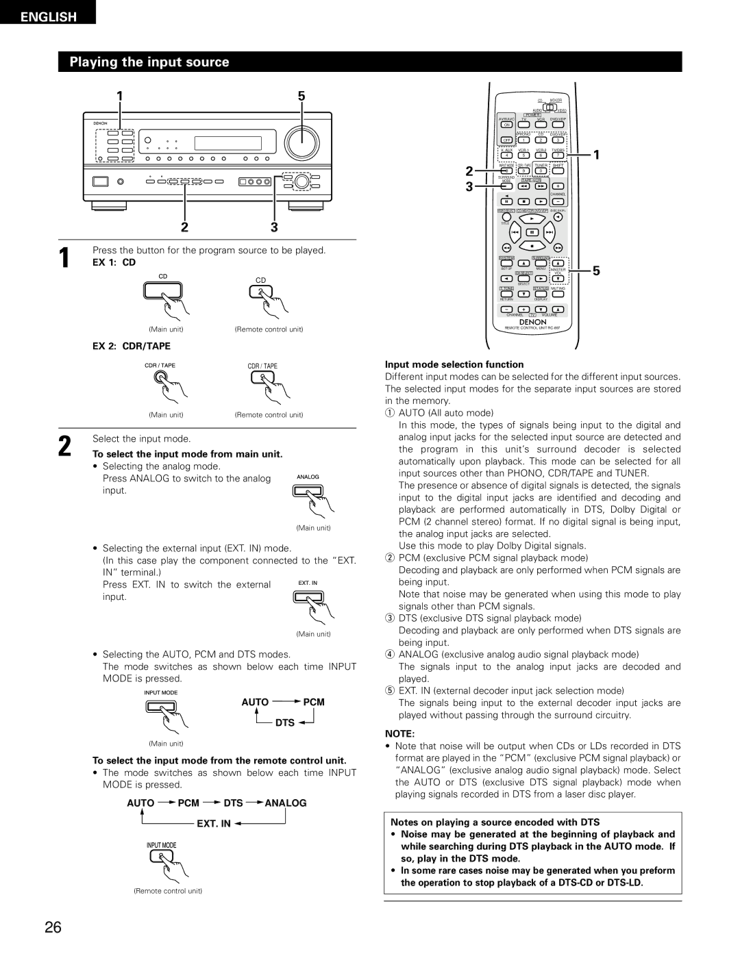 Denon AVR-1802/882 manual Playing the input source, EX 1 CD, To select the input mode from main unit 