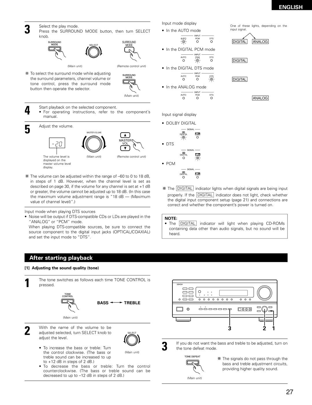 Denon AVR-1802/882 manual After starting playback, Dolby Digital, Dts, Pcm, Adjusting the sound quality tone 