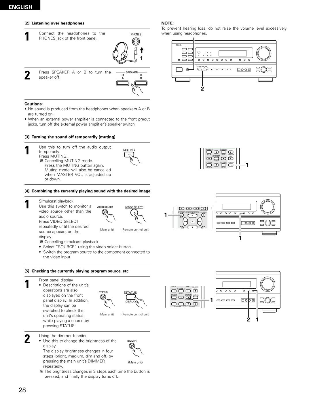 Denon AVR-1802/882 manual Listening over headphones, Turning the sound off temporarily muting 