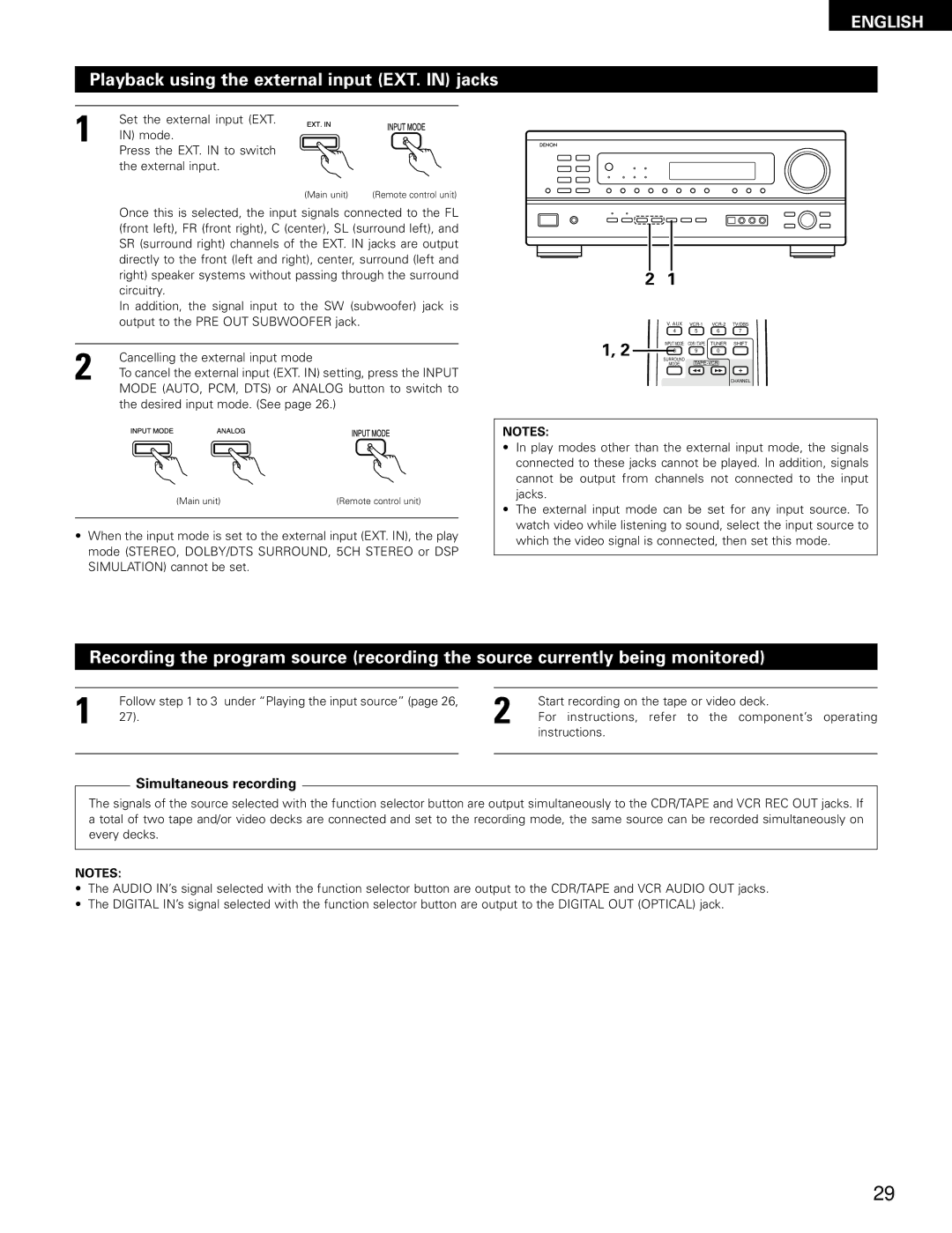 Denon AVR-1802/882 Playback using the external input EXT. in jacks, Mode AUTO, PCM, DTS or Analog button to switch to 