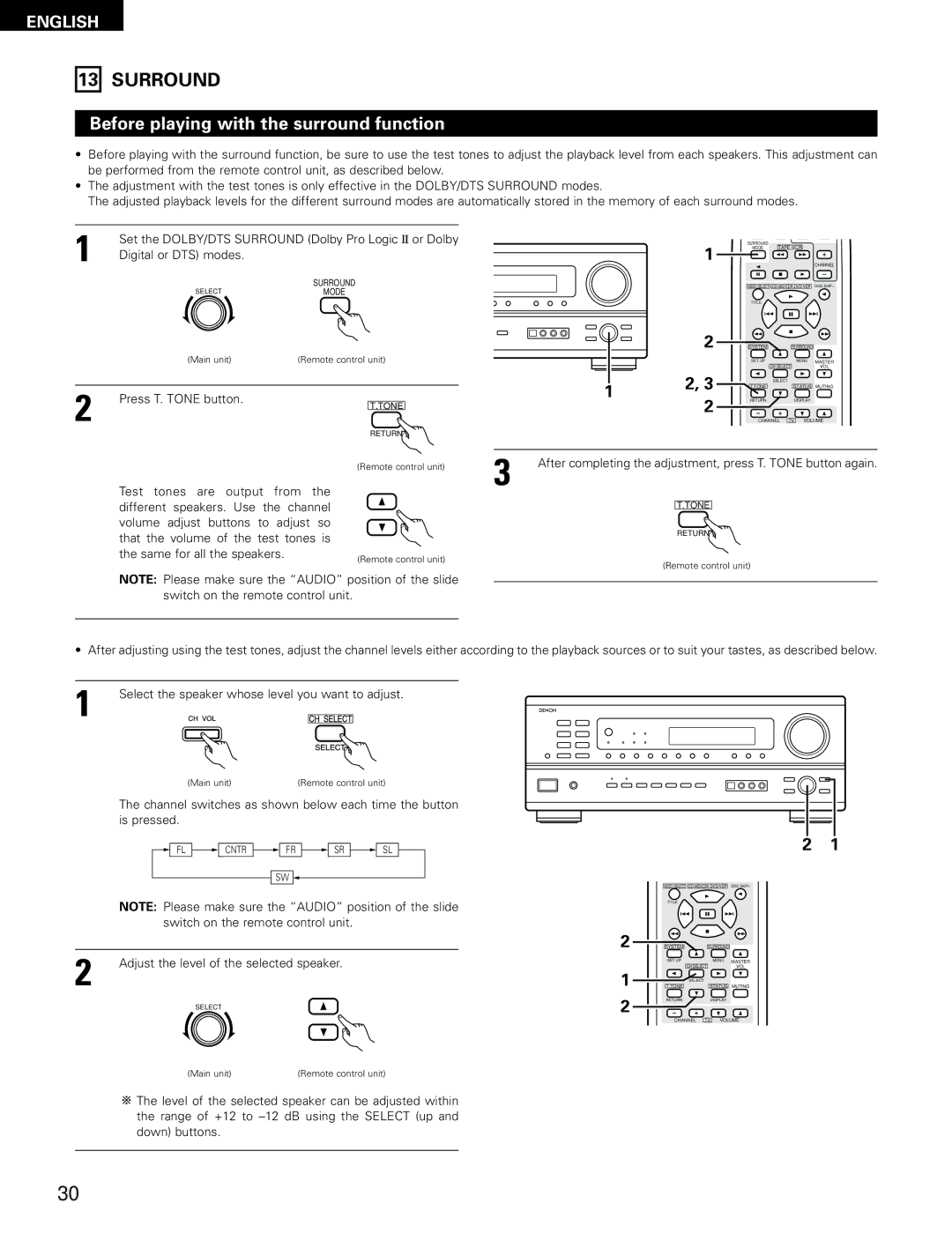 Denon AVR-1802/882 manual Surround, Before playing with the surround function, Digital or DTS modes, Press T. Tone button 