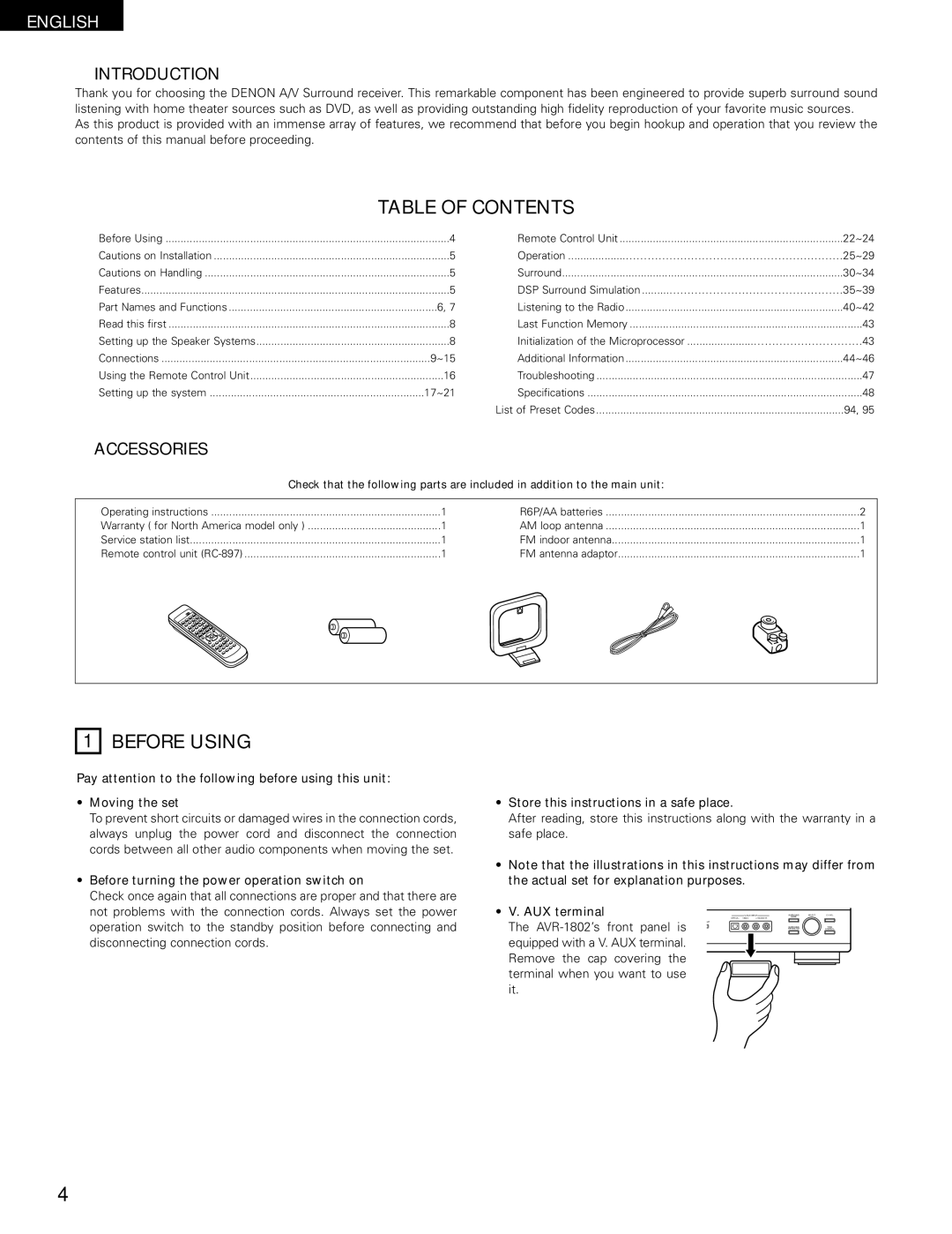 Denon AVR-1802/882 manual Table of Contents, Before Using 