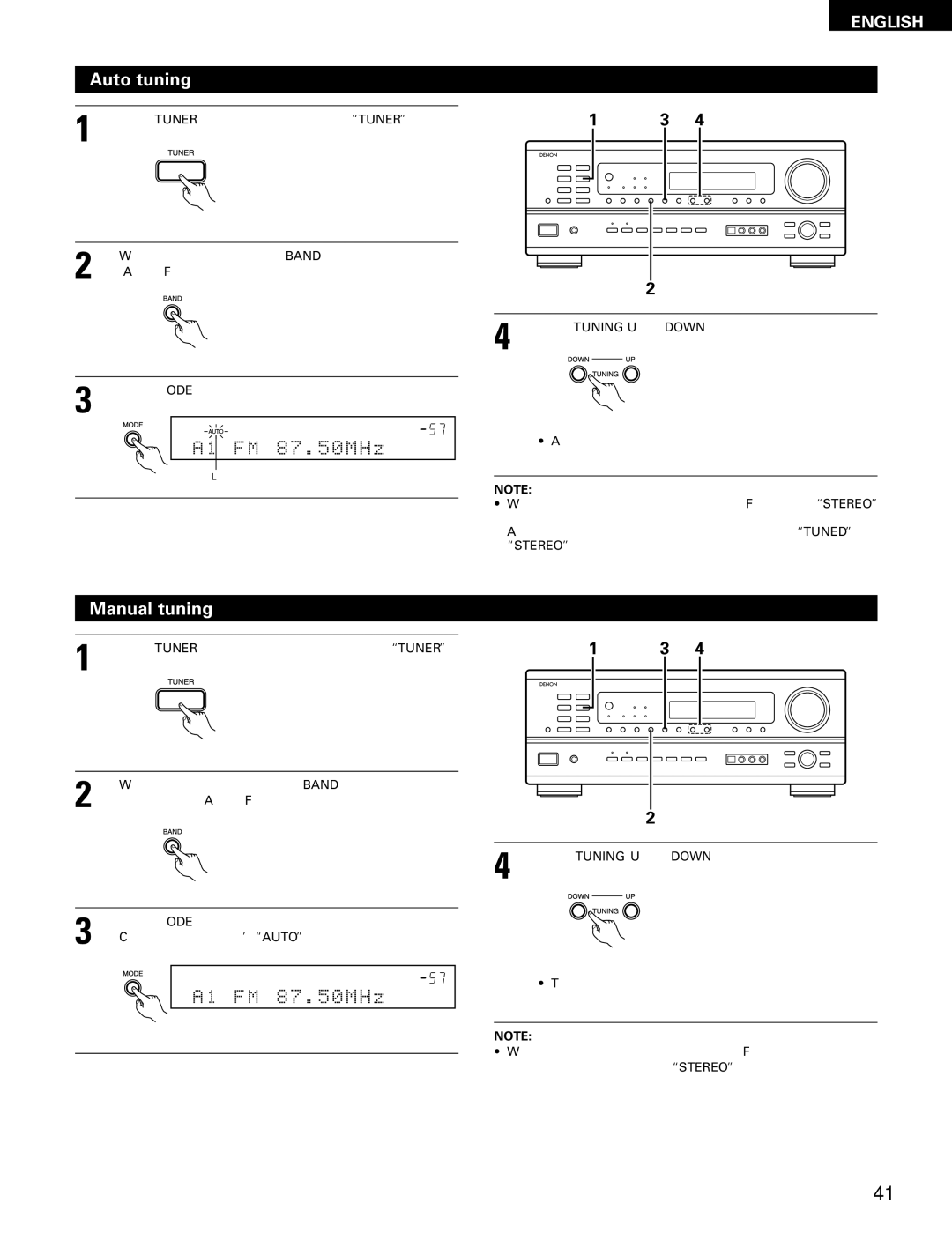 Denon AVR-1802/882 manual Auto tuning, Manual tuning, Press Tuner to set the input function to Tuner 