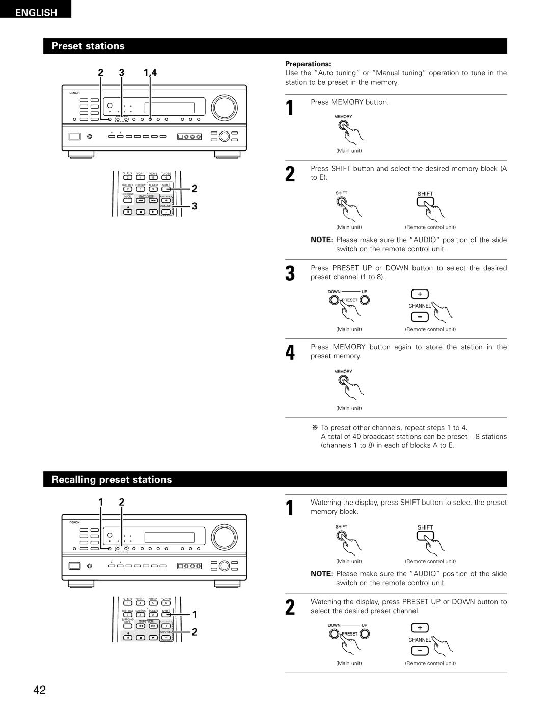 Denon AVR-1802/882 manual Preset stations, Recalling preset stations 