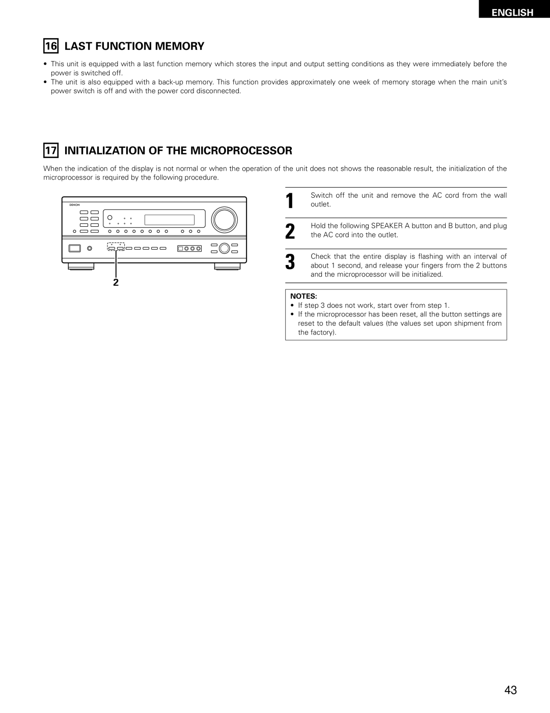 Denon AVR-1802/882 manual Last Function Memory, Initialization of the Microprocessor 