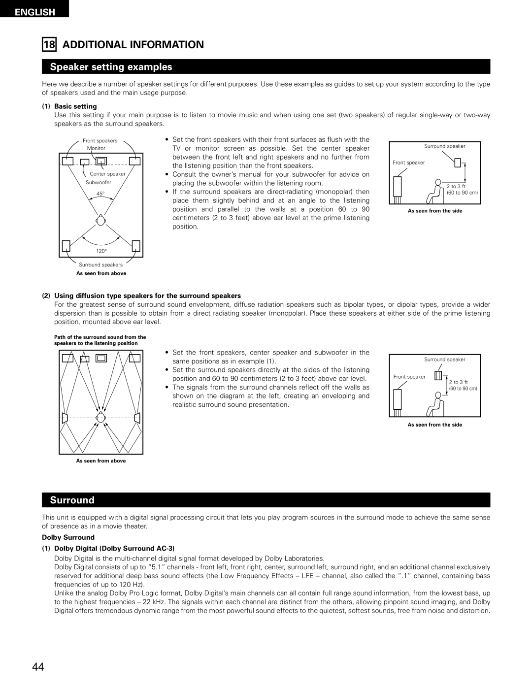 Denon AVR-1802/882 manual Additional Information, Speaker setting examples, Surround 