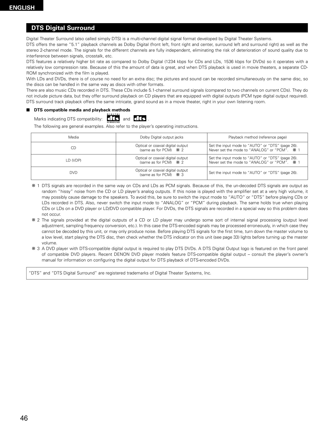 Denon AVR-1802/882 manual DTS Digital Surround, DTS compatible media and playback methods 