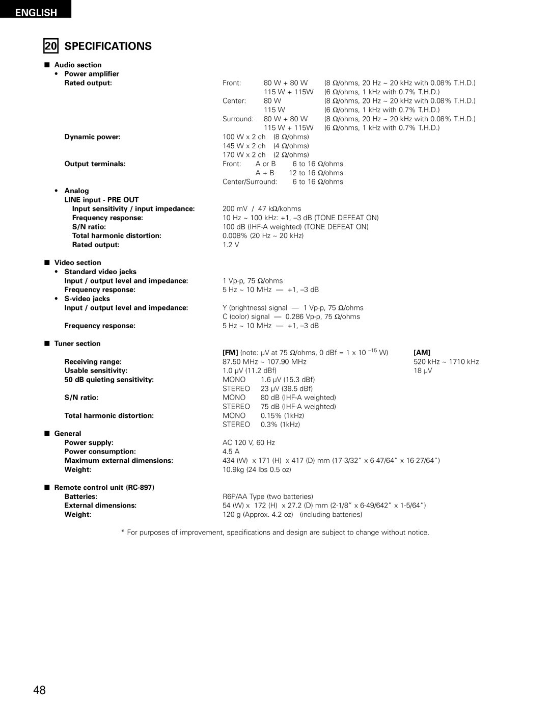 Denon AVR-1802/882 manual Specifications 