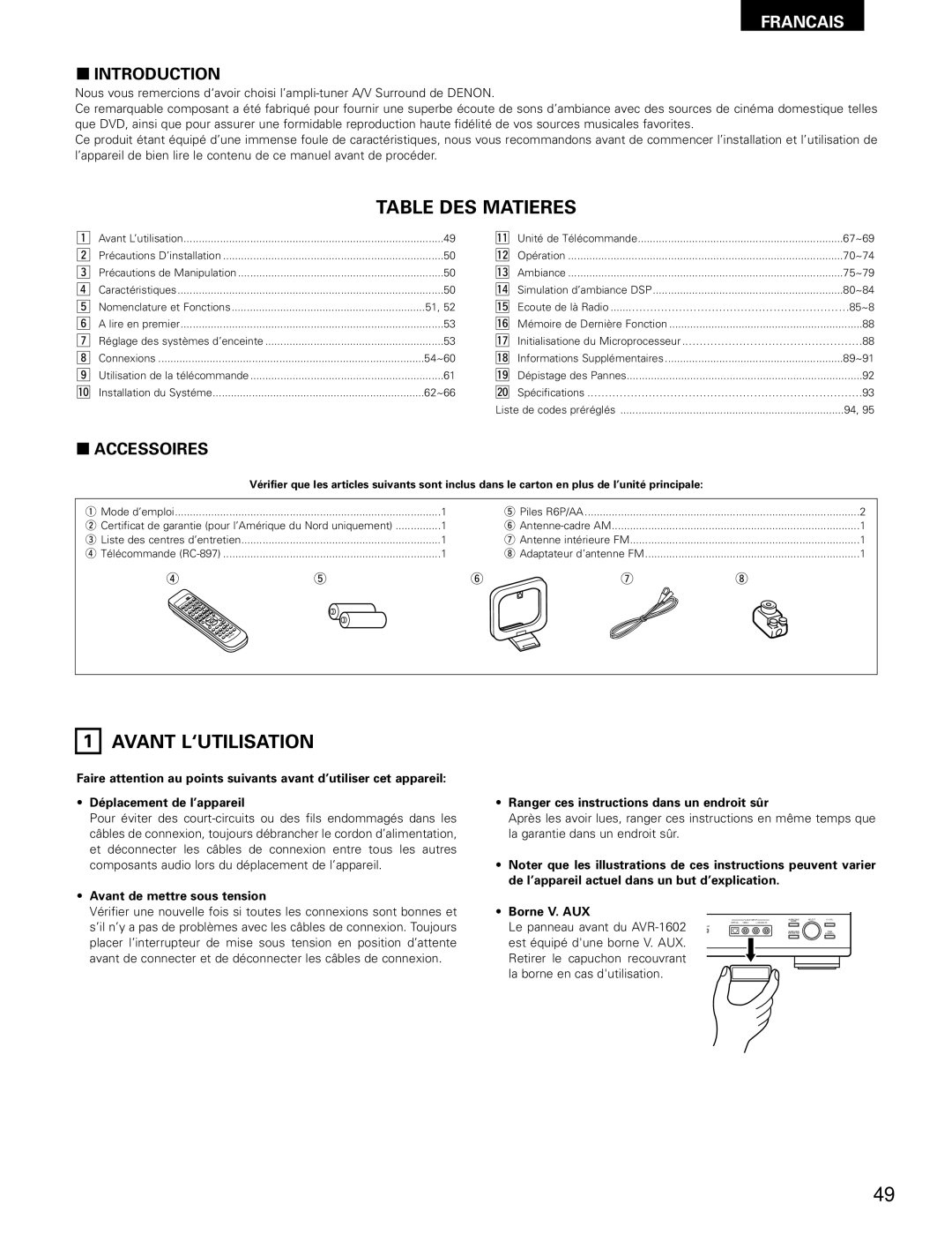 Denon AVR-1802/882 manual Table DES Matieres, Avant L‘UTILISATION, Avant de mettre sous tension, Borne V. AUX 