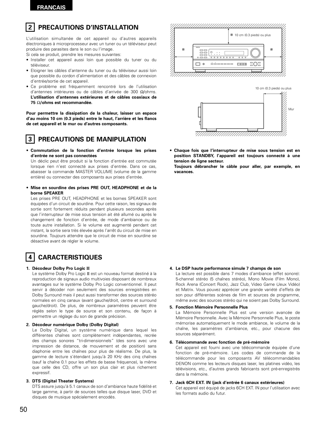 Denon AVR-1802/882 manual Precautions D’INSTALLATION, Precautions DE Manipulation, Caracteristiques 