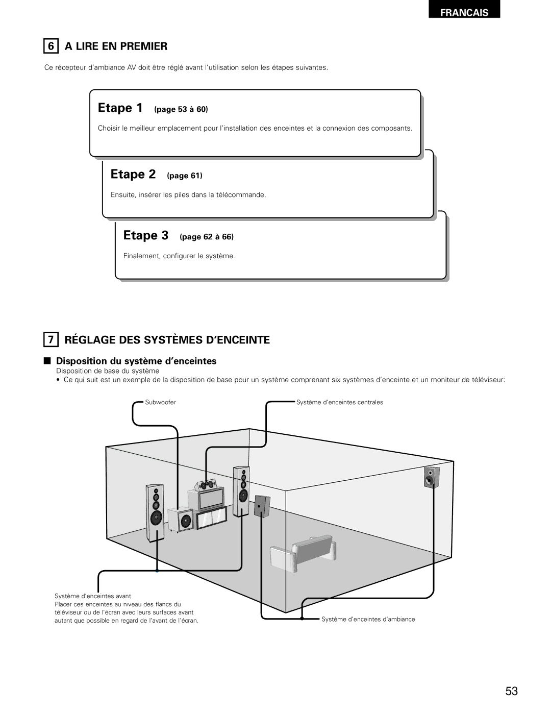 Denon AVR-1802/882 manual Lire EN Premier, Réglage DES Systèmes D’ENCEINTE, Ensuite, insérer les piles dans la télécommande 