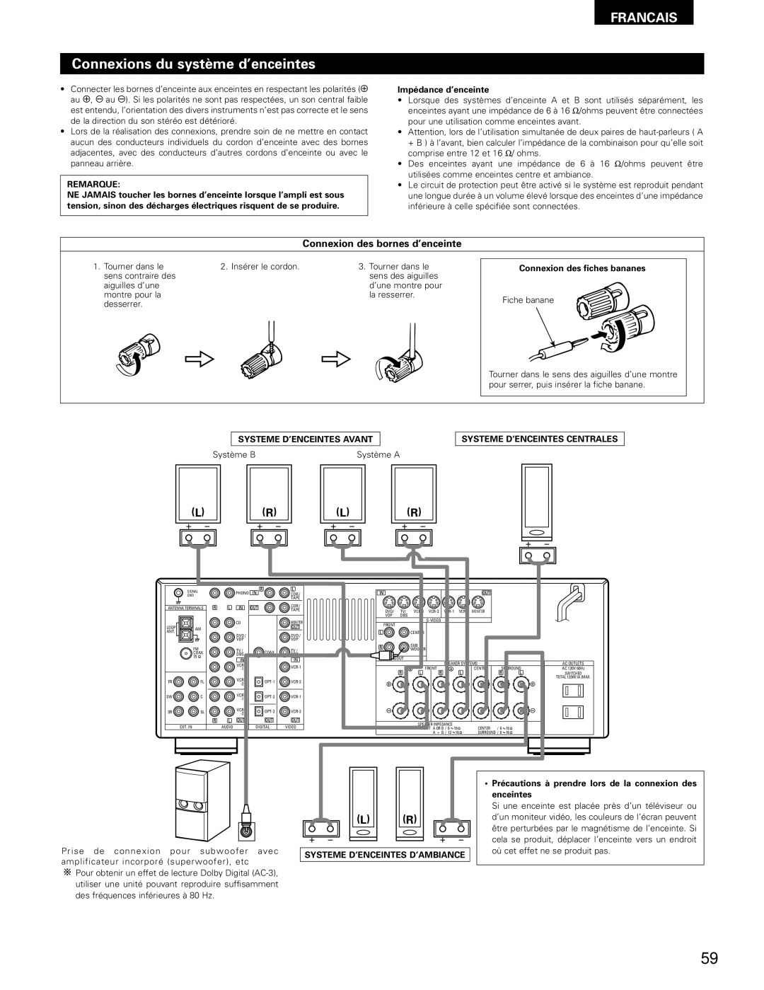 Denon AVR-1802/882 manual Connexions du système d’enceintes, Connexion des bornes d’enceinte 