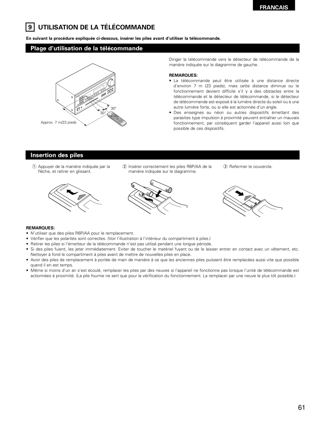 Denon AVR-1802/882 manual Utilisation DE LA Télécommande, Plage d’utilisation de la télécommande, Insertion des piles 