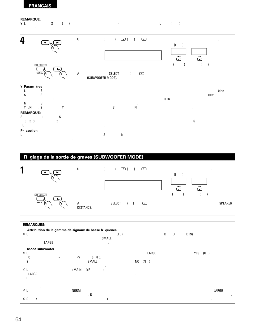 Denon AVR-1802/882 manual Réglage de la sortie de graves Subwoofer Mode, Paramètres, Précaution, Distance 