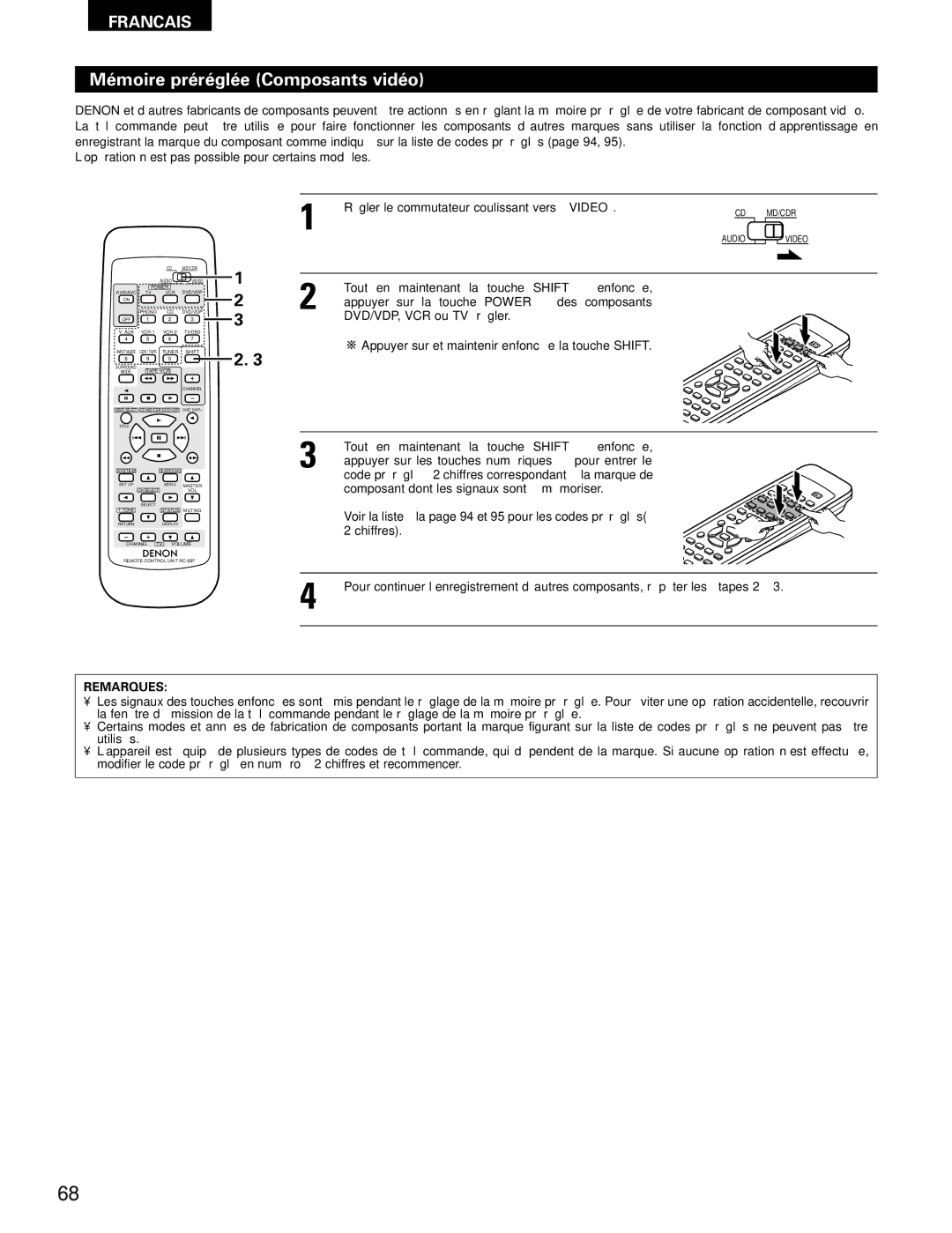 Denon AVR-1802/882 manual Mémoire préréglée Composants vidéo 