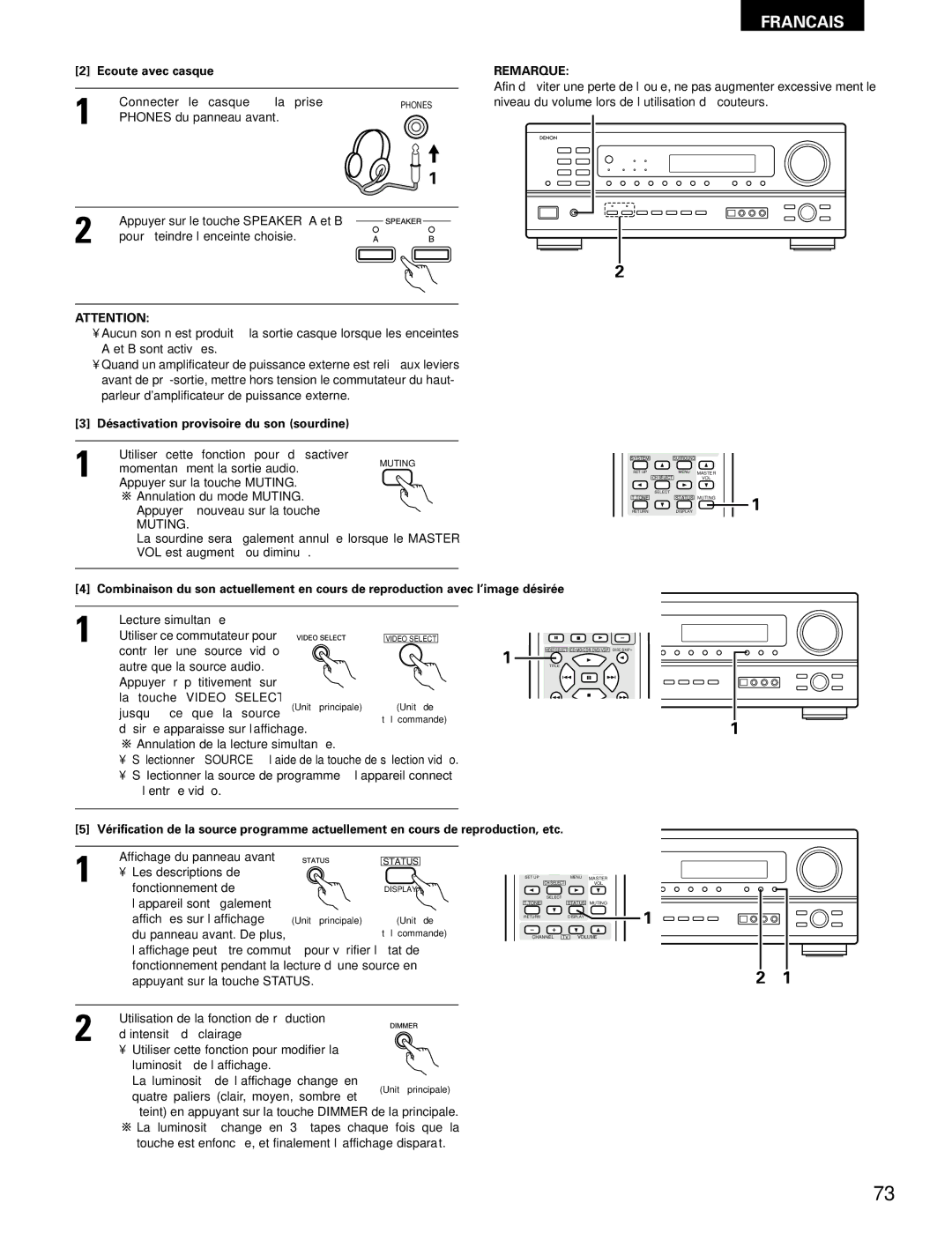 Denon AVR-1802/882 manual Ecoute avec casque, Désactivation provisoire du son sourdine, Muting, Video Select 