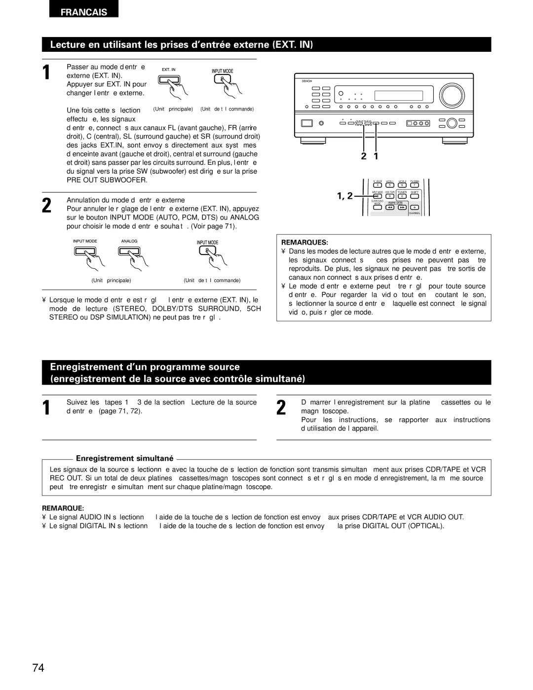 Denon AVR-1802/882 manual Lecture en utilisant les prises d’entrée externe EXT, PRE OUT Subwoofer 