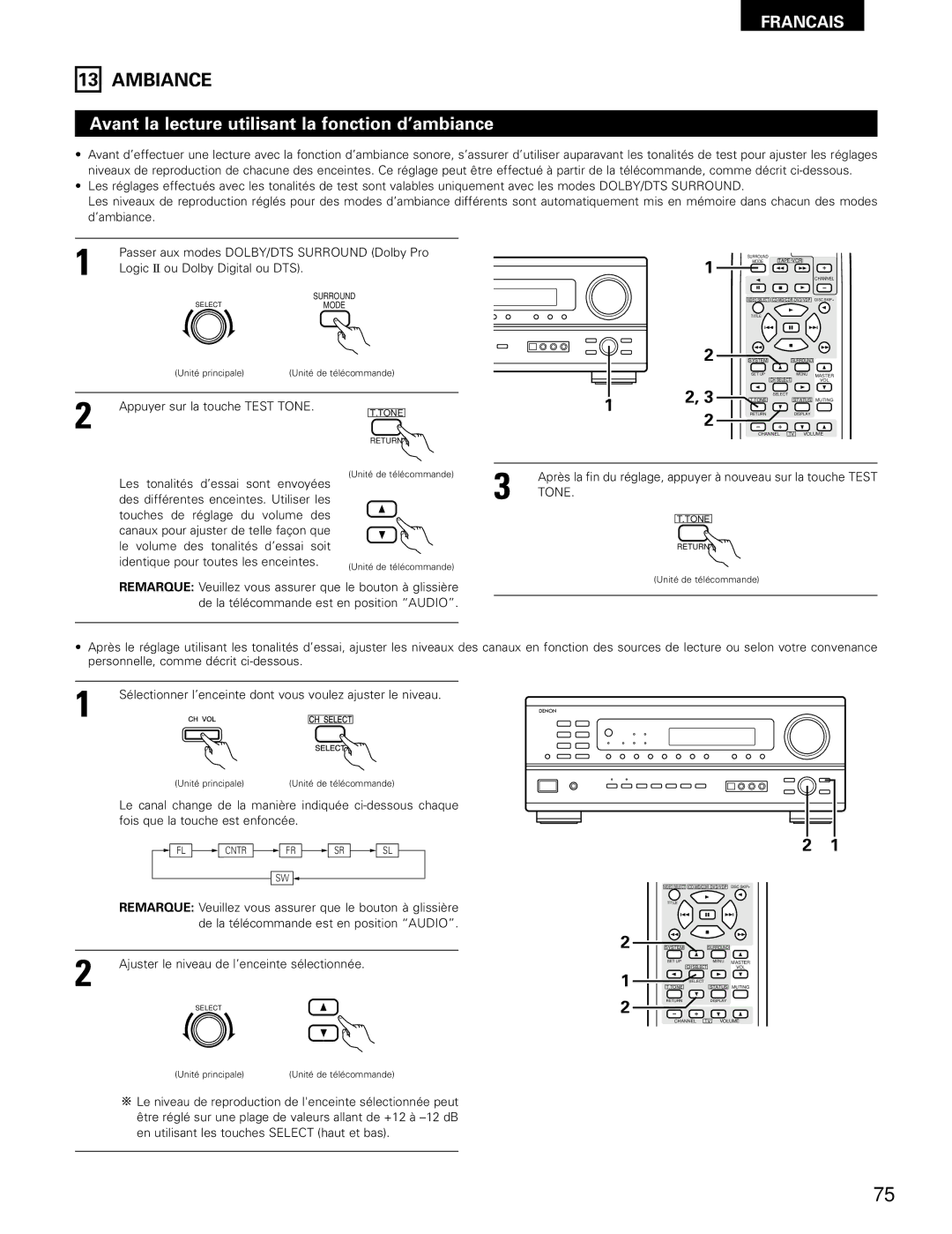 Denon AVR-1802/882 manual Ambiance, Avant la lecture utilisant la fonction d’ambiance, Tone 