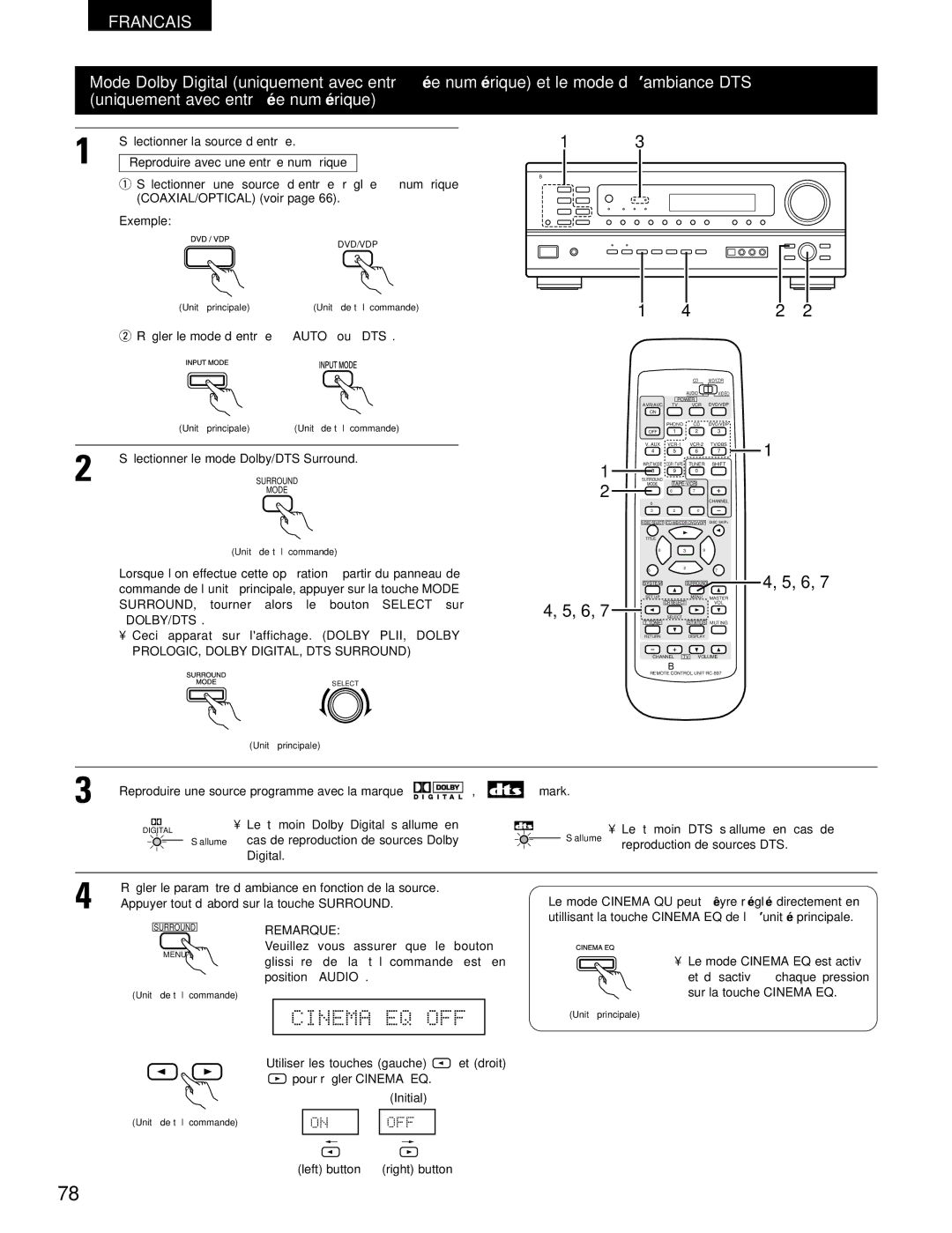 Denon AVR-1802/882 manual Sélectionner la source d’entrée, Régler le mode d’entrée à Auto ou DTS, Position Audio 