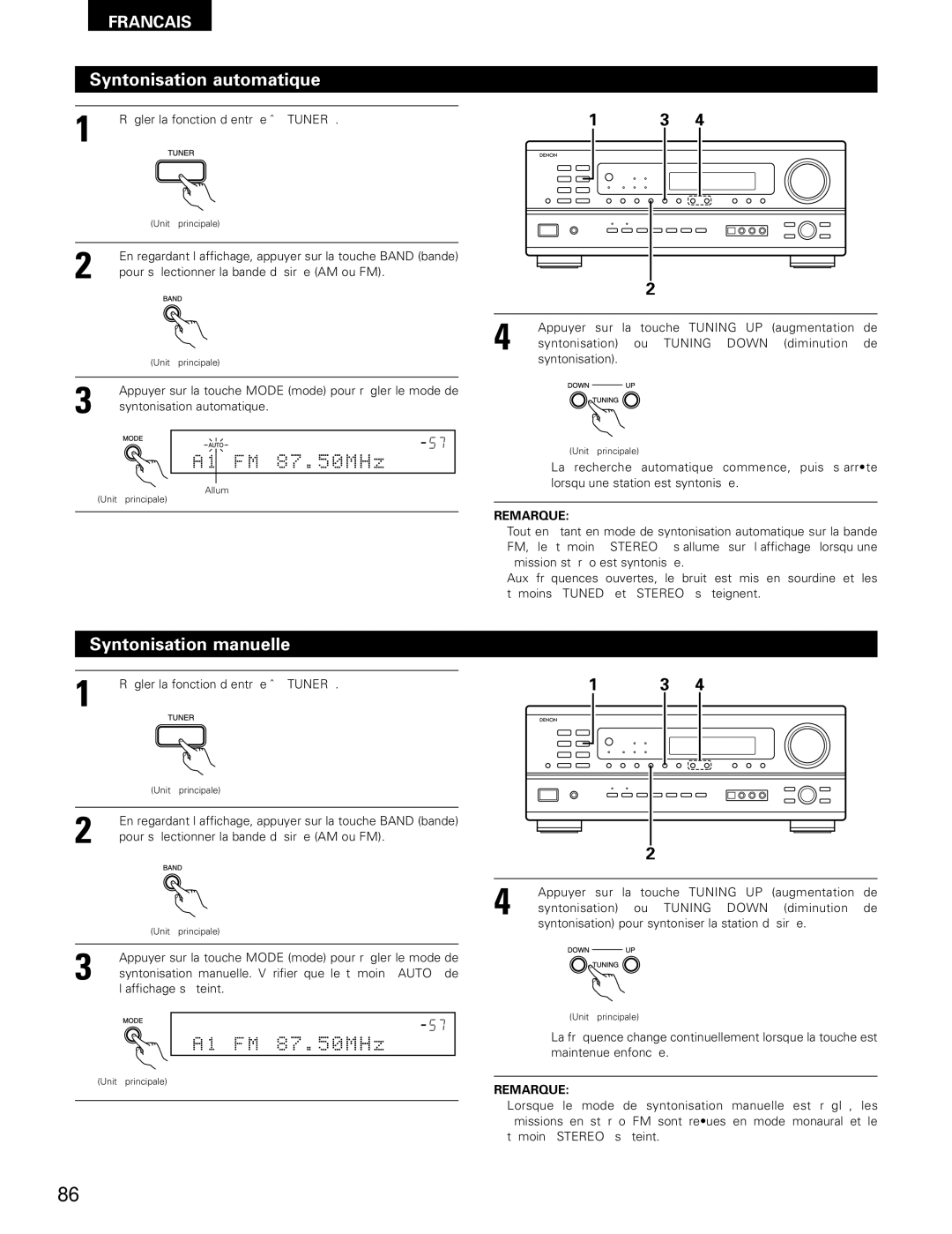 Denon AVR-1802/882 manual Syntonisation automatique, Syntonisation manuelle, Régler la fonction d’entrée à Tuner 