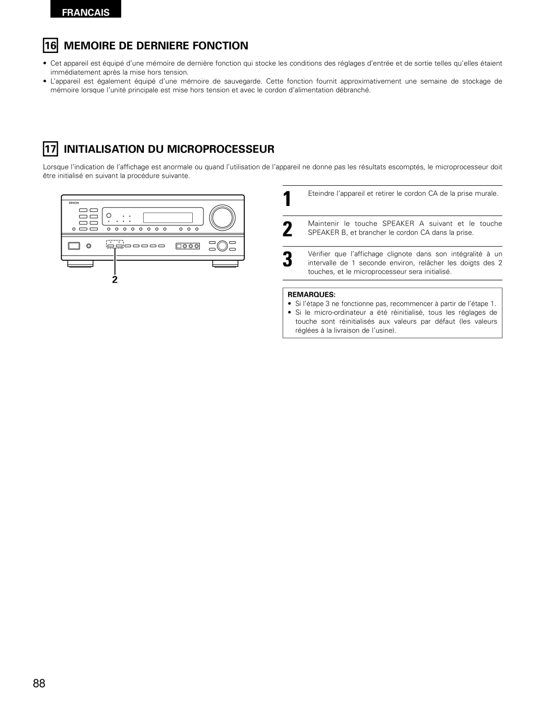 Denon AVR-1802/882 manual Memoire DE Derniere Fonction, Initialisation DU Microprocesseur 