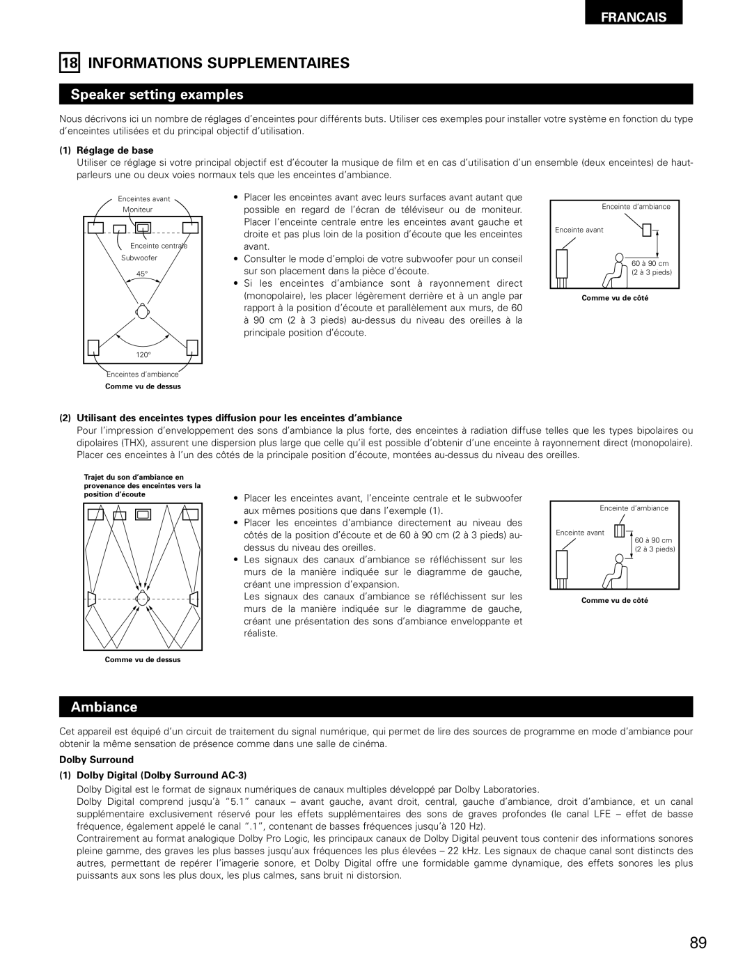 Denon AVR-1802/882 manual Informations Supplementaires, Ambiance, Réglage de base 