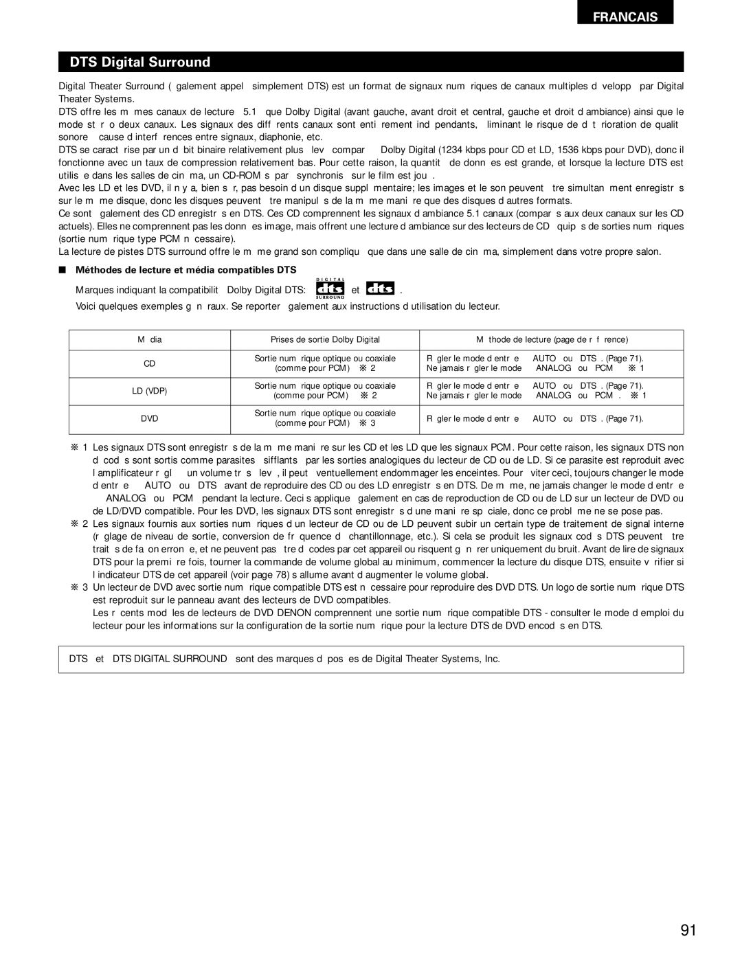 Denon AVR-1802/882 manual DTS Digital Surround, Méthodes de lecture et média compatibles DTS 